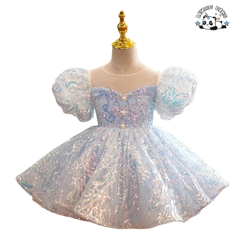 LEZONKIDS - OEM Customizable Blue Sequined Girls Dress Puff Sleeves Tutu Skirt Birthday Party Children Clothing for 2-14 Years